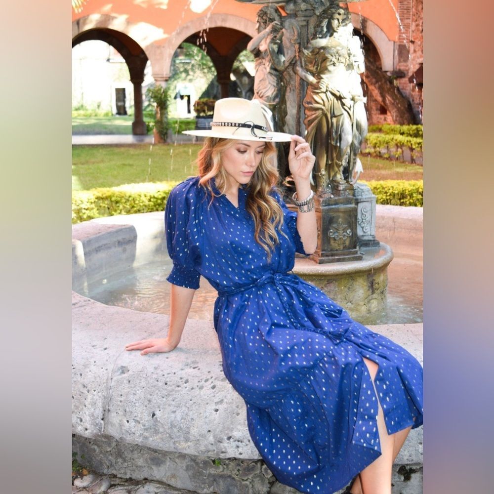 Never A Wallflower Gathered Neck Button Down Dress Navy Metallic Dot XS